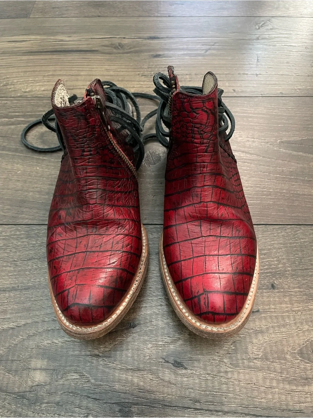 freebird Steven Jojo Leather Croc-Embossed Lace-Up Cutout Booties 7